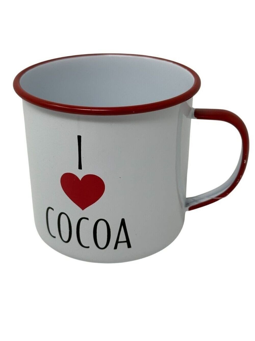Sleigh Bell Bistro I Love Cocoa Metal Mug Red Rim White Enamel Cup 20 oz Holiday